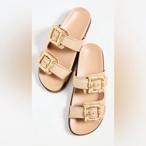 SCHUTZ Enola Straw Woven Gold Buckle Slide Sandals